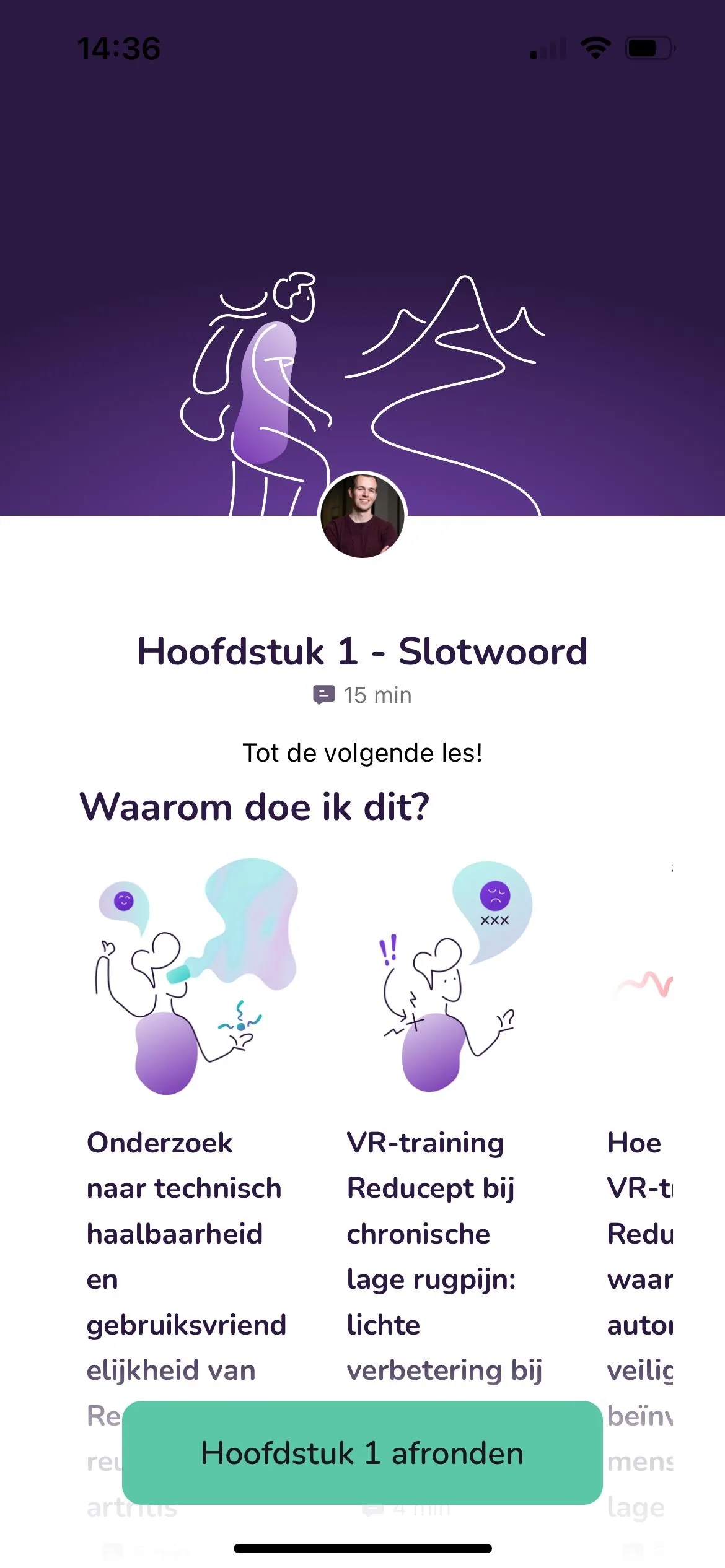 Pijnvrij app schermvoorbeeld - VR training en educatie modules